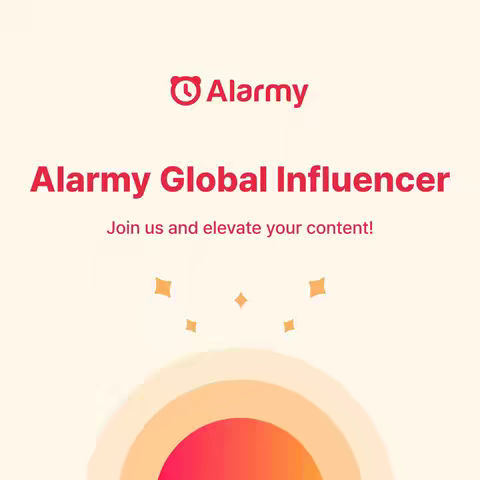 The cover image has a light beige background with the "Alarmy" logo at the top. Below, in bright pink, reads "Alarmy Global Influencer" with the tagline "Join us and elevate your content!". Small, orange starburst graphics are scattered around the bottom half of the image. The overall aesthetic is clean and inviting.