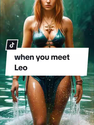 The cover image shows a woman standing in shallow water, likely a pool or lake. She is wearing a teal bikini and a necklace. The text overlay says "when you meet Leo". The overall composition is artistic and possibly AI-generated.