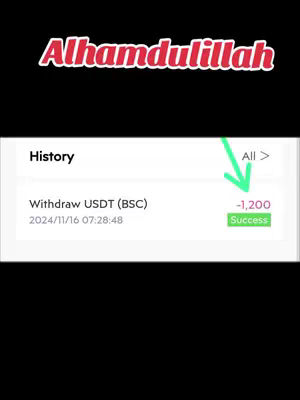 The cover image displays a screenshot of a transaction history, set against a black background. The transaction shows a withdrawal of USDT (BSC). A green arrow points to the '-1,200' amount with a green 'Success' indicator next to it.