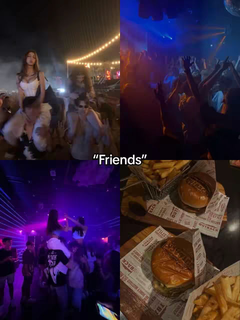 The image is a collage of four scenes. The upper left shows a woman seated on someone's shoulders, in a crowd at a concert. The upper right shows a dance floor with people dancing, a blue and purple light. The lower left shows a similar scene, and the lower right shows two hamburgers and fries on a wooden tray. "Friends" is written in the center.