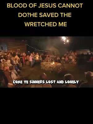 The image shows a nighttime scene with a group of people gathered around a bonfire. In the foreground, a text overlay prompts the viewer with Christian phrases.