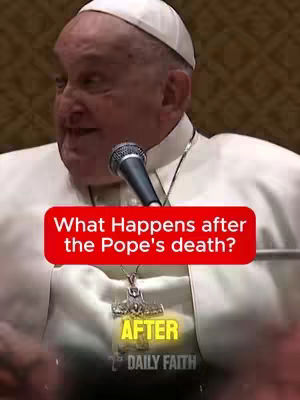 A medium close-up shot features Pope Francis speaking into a microphone. He wears a white zucchetto cap and a white cassock. A red rectangular overlay states the video's question. Further down, the words 'AFTER' and '✝ DAILY FAITH' are highlighted in yellow font.