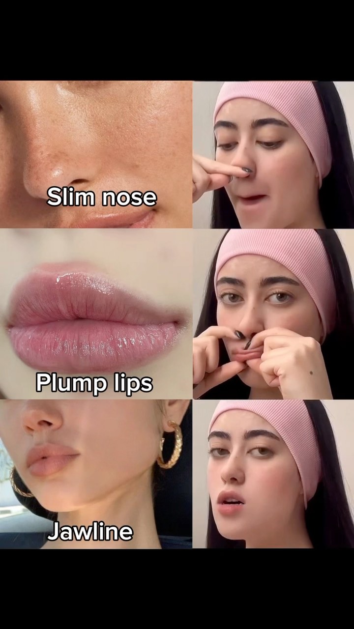 The image is a collage of beauty and skincare related images. It has a close-up of a person's skin, a close-up of plump lips, a close up of a jawline and an image of the face of the person shown in the other images with the face of a woman with a pink headband. Three texts are added: "Slim nose", "Plump lips", and "Jawline".