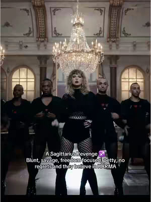 The cover image features a woman in a black outfit surrounded by five people, seemingly in a grand hall. Above the woman, a large chandelier hangs. Below are the words "A Sagittarius Revenge" and a description of Sagittarius traits. The composition is centered with a vertical emphasis, and the color palette is generally dark but has some golden/beige from the background.