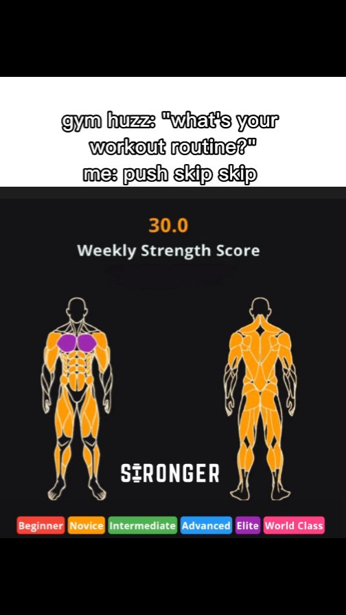 The image shows a screen capture of a workout app, with a dark background. At the top, there is text overlay with a question and a response about workout routines. Below that is a digital display showing a "Weekly Strength Score" of 30.0. There are two stylized figures representing the human body, one from the front and one from the back, with highlighted muscles. The bottom of the image shows the app's logo and a color-coded scale indicating fitness levels from Beginner to World Class.