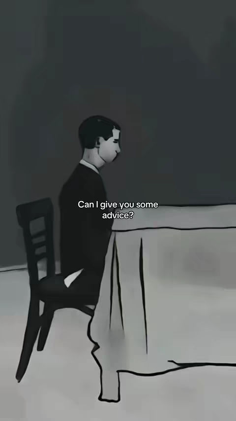 A grayscale image of a man sitting at a table, viewed from the side. He wears a dark suit and is positioned in front of a table covered with a white tablecloth. A chair is visible behind him, and the background is a solid, dark color. Text is overlaid, posing a question.