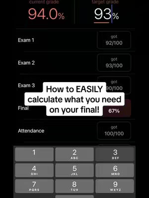 The image is a vertical screenshot displaying an app interface against a black background. At the top, there's a header showing a current grade of 94.0% and a target grade of 93%. Below, several labeled sections for 'Exam 1', 'Exam 2', and 'Exam 3' show achieved scores. The text overlay reads, 'How to EASILY calculate what you need on your final!' in a white, bold font set within a red box. At the bottom, a calculator interface is partially visible.