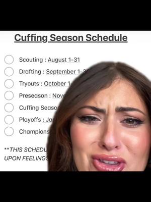 A woman is shown in a close up shot with a worried expression. Behind her on the left is a white list titled 'Cuffing Season Schedule'.