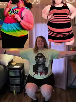 The cover image shows a woman in the center, seated and spreading her arms wide in a pose. Behind her, there are two other images of women, cropped and in different outfits. The background includes a bed, a nightstand, and a curtain.