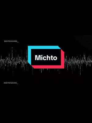The image is a vertical composition on a black background. In the center, a rectangular shape is outlined in light blue, with a red border. The text 'Michto' in white is centered within this shape. Above and below, subtle vertical lines with changing lengths and density that are white in color, creating a horizontal wave-like effect. On the top and the bottom there is the text 'BOITENOIRE_' in grey.