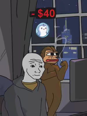 The image presents a melancholic cartoon scene. Two figures are in a dimly lit room, with the city skyline visible through a large window. The central focus is on a figure resembling the 'wojak' meme, with a sad expression. Next to him is the Pepe the Frog, holding a cigarette. Above the penguin icon in a circle, a text displays a loss of $40, suggesting a financial theme related to the memecoin "PENGU".