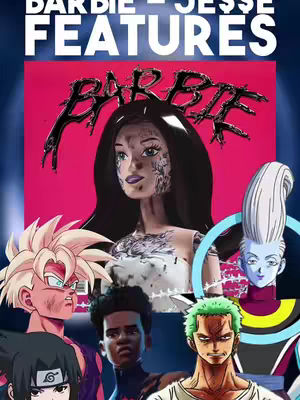 The image features a fantasy-themed collage. In the central area is a Barbie doll with gothic makeup and an elaborate design serving as a headpiece. Various animated characters, including Gohan, Whis, Miles Morales, and Sasuke, are positioned around Barbie. The background is a deep pink with a blue gradient, and the layout is busy.