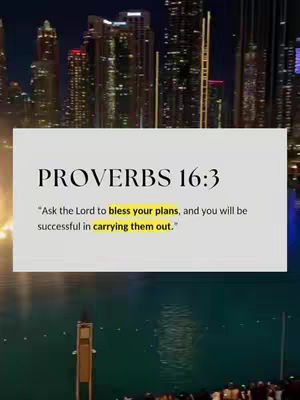 A night scene featuring a cityscape with illuminated buildings in the background, a body of water in the midground, and a white rectangular box overlay containing a Bible verse quote.