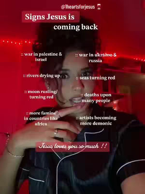 A woman in dark pajamas is facing the camera with a serious expression. Overlay text lists signs that Jesus is coming back. The background is bathed in red light, and additional text and a logo are in the corners.