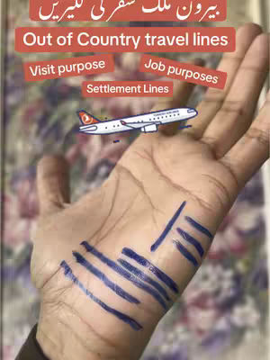 An open hand is shown with blue ink lines drawn on it, as if illustrating palmistry. The words "Out of Country travel lines" are written across the top, with labels for "Visit purpose," "Job purposes," and "Settlement Lines." A small illustration of an airplane is also present.