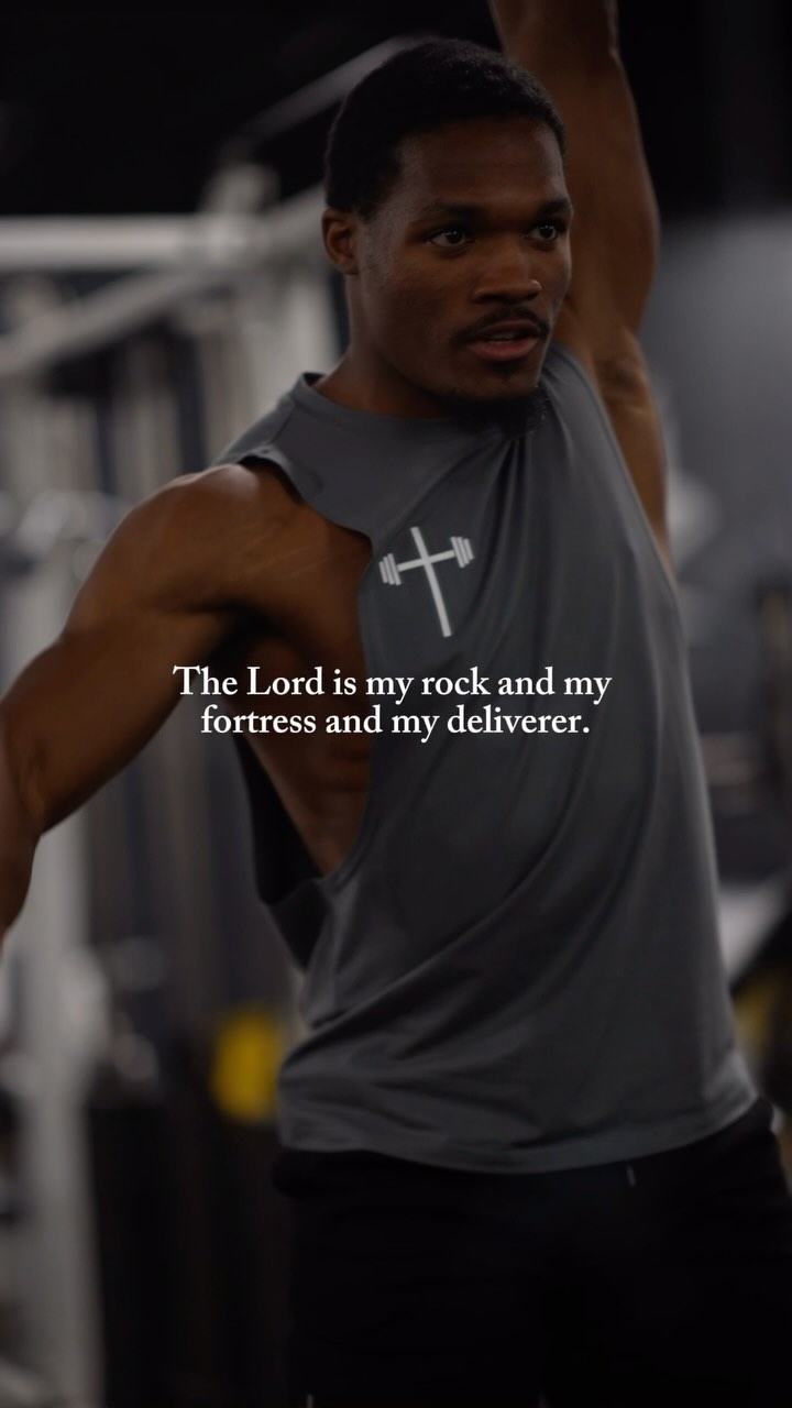 A man in sportswear lifts his arm, likely working out in a gym. Text is overlaid, quoting a bible verse. The background is a lightly blurred gym with equipment.