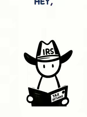 An illustration on a white background. It features a simple stick figure wearing an IRS cowboy hat, the brim of which has the letters "IRS" written on it. The figure is holding an open book labeled "TAX RETURNS". The image is drawn in black lines with a minimalist style.