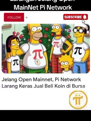 The cover image features a vibrant, cartoonish depiction of the Simpsons family, likely for a video discussing Pi Network and cryptocurrency. The family is arranged in front of a Christmas tree, with each member wearing a white t-shirt with the Pi Network symbol on it. The layout is well-composed, with a clear focus on the family and symbols. The colors are bright and cheerful, typical of the Simpsons' visual style.
