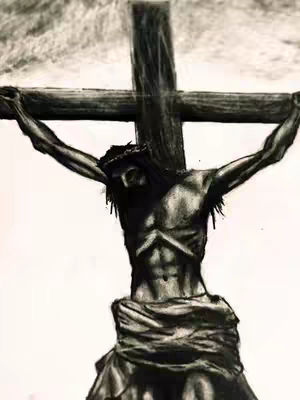 A grayscale drawing depicting Jesus on the cross. The composition is centered on the figure, with the cross prominently displayed. The style appears to be a detailed, almost photorealistic drawing. The texture suggests charcoal or a similar medium. The lighting and shading create depth and emphasize the muscular form and the crown of thorns.