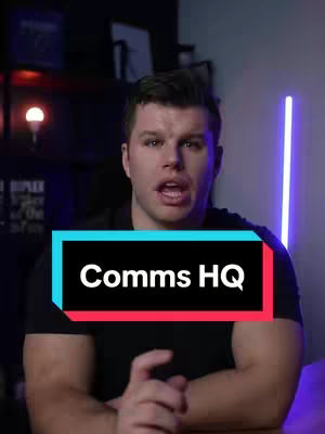 A man with dark hair and a black shirt is centered in the frame, appearing to speak. A horizontal rectangular overlay with the words 'Comms HQ' in white text sits beneath his face against a vibrant red background, outlined by a teal color.
