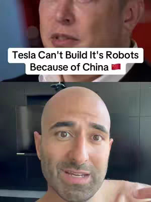 The cover image is split into two sections: an upper section featuring a close-up of a fair-skinned man speaking, with blurred red and black background elements. The bottom section shows a close-up of a bald man with a light complexion, looking at the camera and talking. The text overlay at the top of the image reads, 'Tesla Can't Build It's Robots Because of China'.