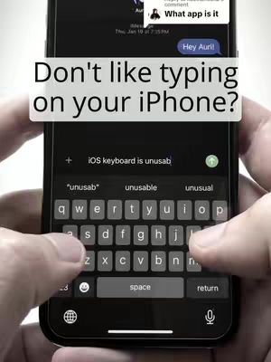 Screenshot of an iPhone screen displaying a keyboard, being held by two hands. A text overlay asks if the user dislikes typing on their iPhone, with speech bubbles on the top of the image. The keyboard is centered, showcasing a grayed out appearance, and the user's hands are visible on either side, holding the phone. The background is blurred, focusing attention on the phone screen and the hands.