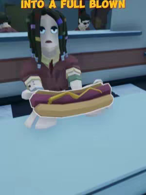 The cover image is an animated scene from a video game. A cartoon-style character with black hair and purple highlights, wearing a maroon shirt and green arm sleeves, is holding a large cartoon hotdog. The character has a surprised or neutral expression. The image is set indoors with blue and white backgrounds, suggesting a fast-food or diner-like setting. Text overlays the top of the image.