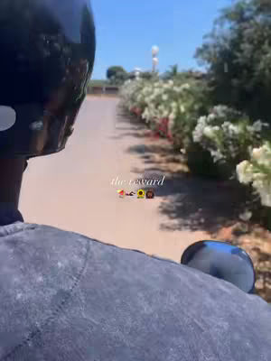 The cover image shows a first-person perspective of a person riding a motorcycle on a sunny day. The foreground is dominated by the rider's back and helmet. The road ahead is flanked by lush green bushes and trees, with a clear blue sky overhead. Text overlayed has the words "the reward."