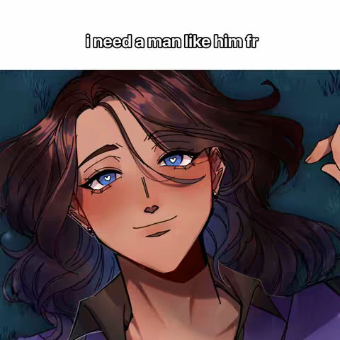 An animated illustration of a person with dark hair, blue eyes with heart-shaped pupils. The person is lying on a surface with a green and blue pattern. The person is looking slightly upwards with a slight smile.