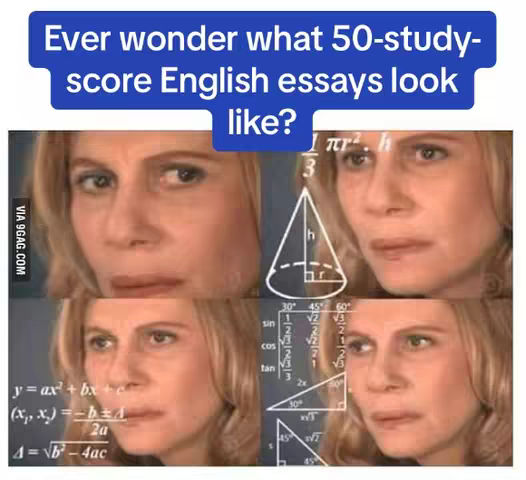 The image is a meme consisting of a 2x2 grid of images featuring a woman with a contemplative expression. Overlayed at the top is a blue banner with white text that reads, "Ever wonder what 50-study-score English essays look like?" Mathematical and scientific diagrams are included in the background.