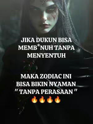 A stylized image featuring a woman with dark makeup, intense eyes, and a hooded garment. Overlayed text in white font provides a statement about zodiacs.