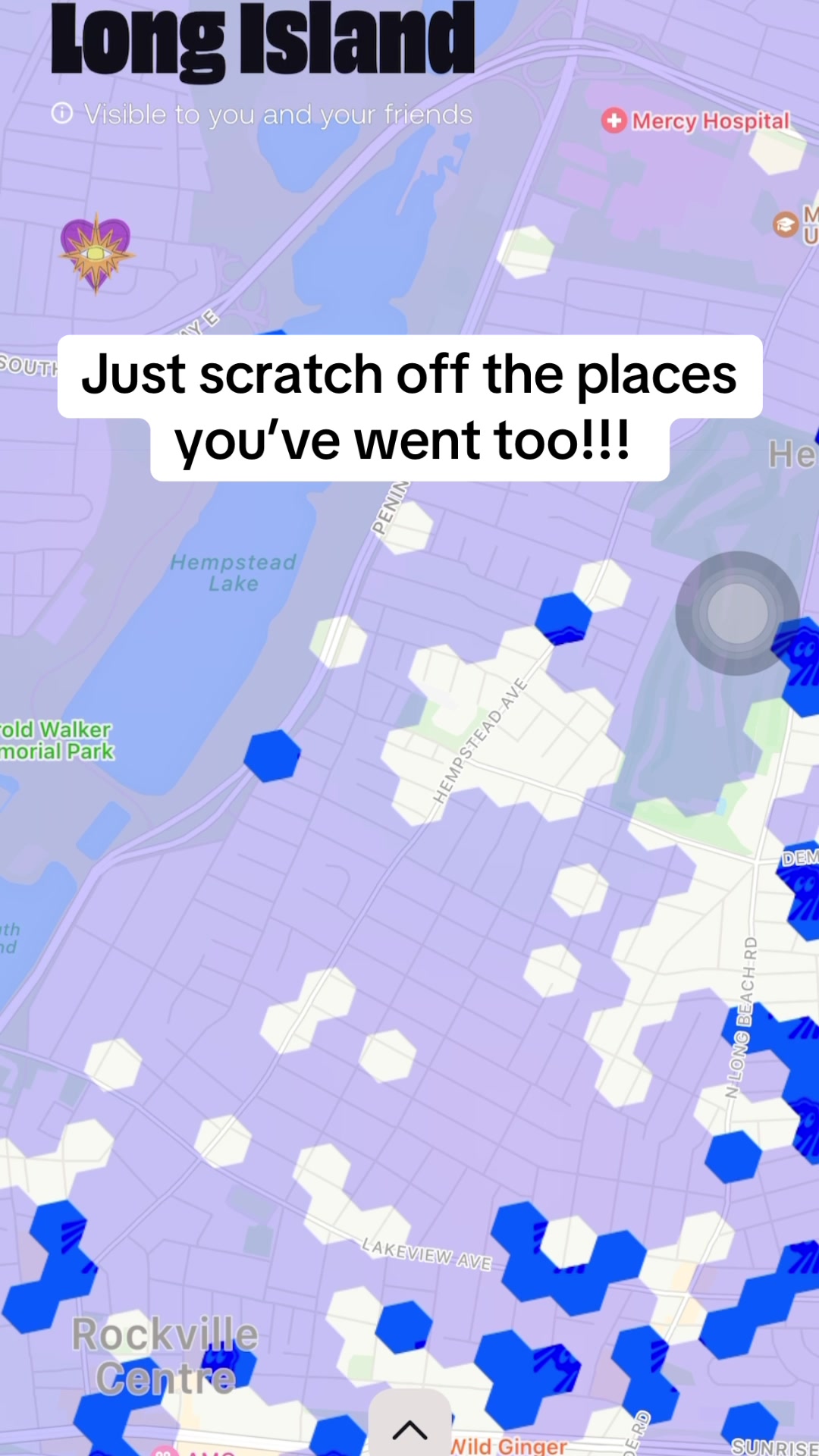 The cover image is a screenshot from a mapping app, likely Bump by Amo, displaying a map of Long Island. The map has a purple hue with visible roads and place names. A text overlay states, "Just scratch off the places you've went too!!!"