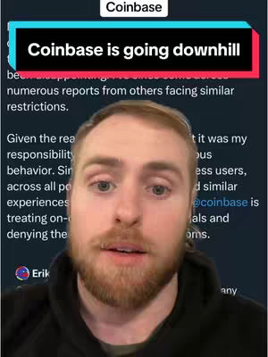 A man with a beard is centered in frame, against a scrolling background containing text, overlaid by text with a red background, labeling "Coinbase is going downhill".