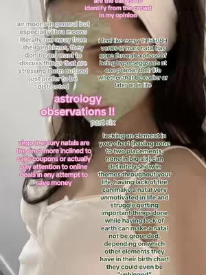 A selfie-style video featuring a light-skinned person with long dark hair, wearing what appears to be a white tank top and a white headband, with what looks like a green face mask applied. Text overlays list astrological observations.