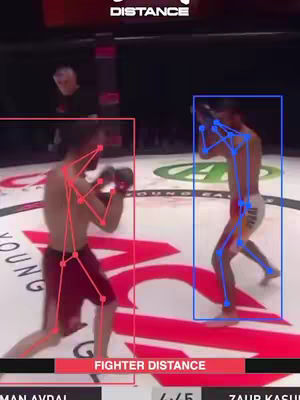 The cover image shows two athletes in a boxing ring. They are linked together by a skeletal overlay which is color-coded, red over one athlete and blue over the other, suggesting a comparison or data display. The background has blurred spectators and is set within a combat sports arena marked with sponsor logos and the sports branding.