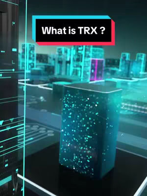 The image features a futuristic cityscape rendered in teal and blue hues. The foreground is dominated by a stylized, glowing blue block with a textured surface, suggesting a digital or technological element. Above, a black and red banner displays the text 'What is TRX ?' in white, sans-serif font. The background shows a blurred city outline with illuminated structures. The overall composition is clean, modern, and tech-focused.