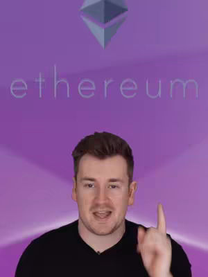 The cover image features a man gesturing with his right index finger pointing upwards. Behind him there is a purple background with white radial lines, The word "ethereum" is written in a gray, sans-serif font. Above the word "ethereum" is an Ethereum logo and the man is wearing a black shirt.