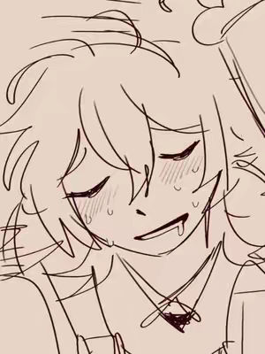 An animated sketch of a young person's face, rendered in a minimalist style. The individual has closed eyes, flushed cheeks, and a small stream or drop of liquid coming from their mouth, suggesting strong emotion or perhaps drool. The linework is simple and expressive, conveying details like strands of messy hair and facial features.