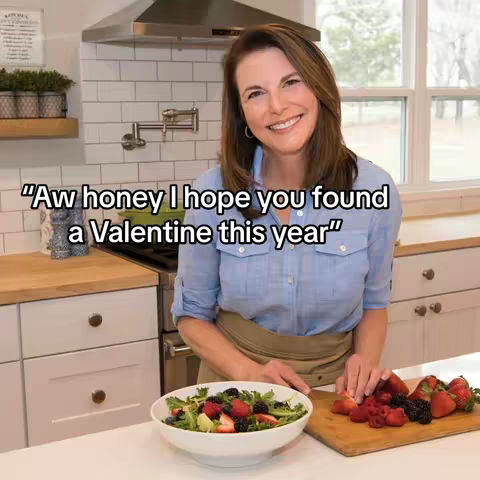 A smiling woman stands in a kitchen, holding a wooden cutting board with berries and a bowl of salad. She is wearing a blue button-down shirt and appears to be in a cooking or lifestyle setting.