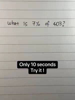 A simple, vertically oriented image of lined paper with handwritten text and a black rectangular overlay. The text at the top asks a math question: 'What is 7% of 403?' The overlay, positioned near the bottom, reads 'Only 10 seconds Try it!' in white font.