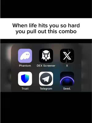 The image features a phone screen with six app icons arranged in two rows. Above these icons, text in a sans-serif font reads, "When life hits you so hard you pull out this combo". The background is a blurred view, suggesting a screenshot. The apps consist of Phantom, DEX Screener, X, Trust, Telegram, and Seed.