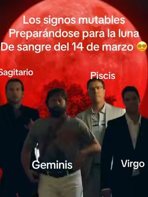 The cover image features a red planet with four men in front. Above the men, text in white states,"Los signos mutables Preparándose para la luna De sangre del 14 de marzo". Below each man's image is text indicating astrological signs: Sagitario, Piscis, Géminis, and Virgo.