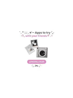 The cover image is a light-colored background. In the center, there's a stylized image of a gray camera next to two small framed photos. Above the camera, in a decorative style, is text that says, "- Apps to try" and "with your friends". Below the camera is text in a rounded pink box that says @MOONLUNAR and small decorative star shapes.