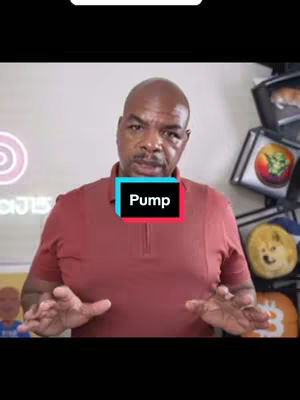 The cover image shows a man in a red polo shirt with the text "Pump" in a blue rectangle with a black border over his chest. Behind him are shelves displaying cryptocurrency-themed objects.