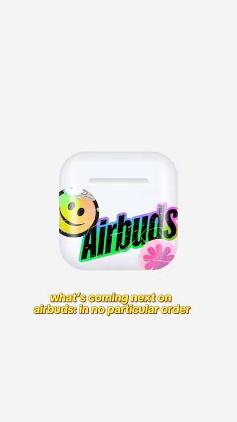 The cover image features a white AirPods case with colorful stickers. The stickers include a rainbow smiley face and the text "Airbuds" in a neon, glitchy font, along with a pink flower. Below the AirPods is a yellow banner with the hook text.