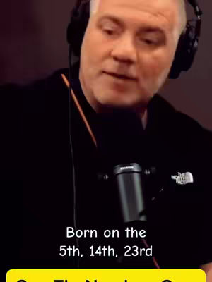 The image shows a man with short, gray hair, wearing a black shirt and headphones. He is speaking into a microphone. Text on the cover image says: Born on the 5th, 14th, 23rd. There is a yellow bar at the bottom.