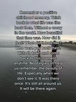 The cover features a vertical image with text overlaid on a beach scene. The sky is overcast, and the wet sand reflects the dim light. The text in white font dominates, with an emphasis on positive memories. Two indistinct figures are seen walking on the beach.