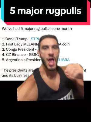 A selfie-style video cover featuring a man with his mouth open in an expression of surprise or excitement. Above him is a black and cyan bar with the words "5 major rug pulls". Below the man is a list of items, partially visible, with lines of text related to crypto. The text color contrasts with the background, for easy visibility.