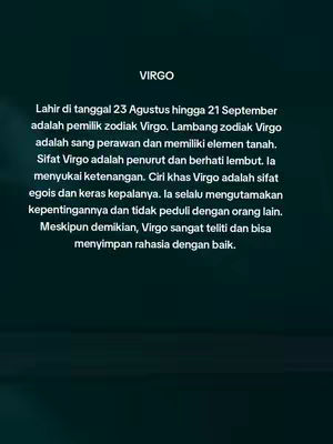 A vertical image with a gradient background from dark teal to lighter teal at the top. The text is in white and centered. The content is about Virgo, a zodiac sign. Details about the zodiac sign are noted.