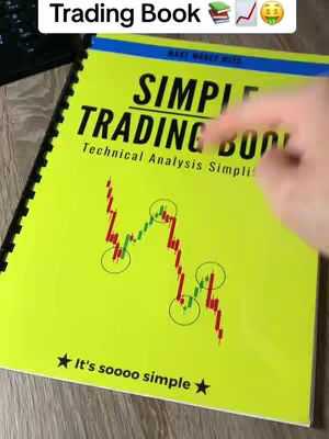 A close-up shot of a trading book on a wooden surface. The book has a bright yellow cover with bold black text and a price chart illustration. A hand is pointing towards the chart. The layout is simple and clear, with a professional appearance.